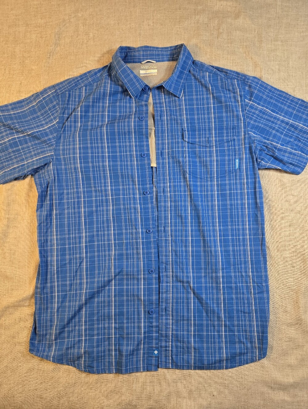 Columbia Mens XL Short Sleeve Omni-Wick Plaid Fishing Hiking Shirt Blue Vented